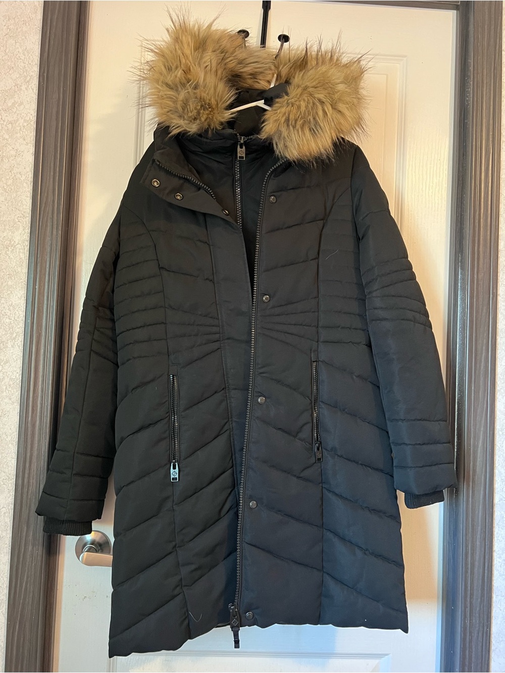 Point Zero Black Quilted Long Puffer Coat with Faux Fur Trim